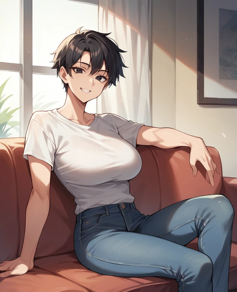 score_9, score_8_up, score_7_up, score_6_up, 1girl, solo, tomboy, 30 years old, milf, straight hair, short hair, black hair, black eyes, white t-shirt, jeans, indoors, looking at viewer, smile