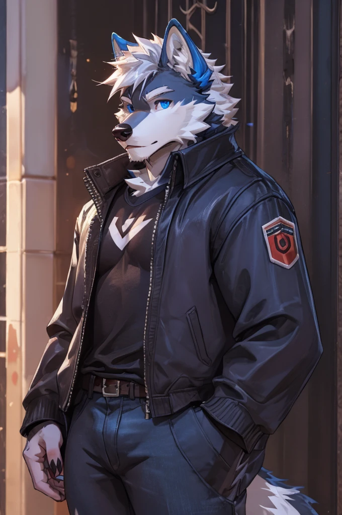 anthro male wolf, pure white fur, white hair, blue eyes, grey jacket, black shirt, jeans