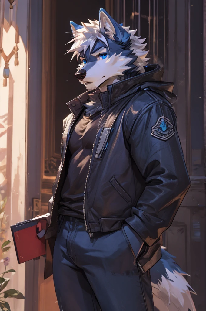 anthro male wolf, pure white fur, white hair, blue eyes, grey jacket, black shirt, jeans