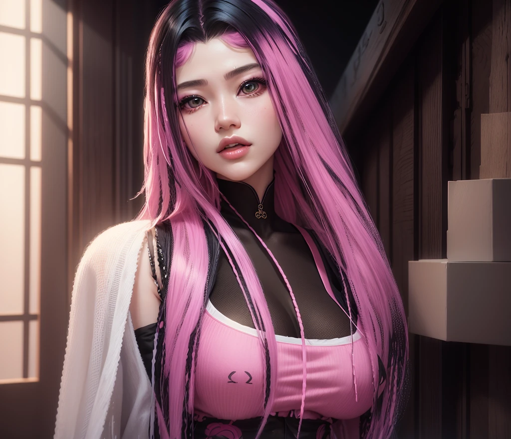 AVATAR SECOND LIFE Korean girl, black blouse, Asian, pink hair, pink hair, pink hair, korean girl , perfect and detailed face, SHEEP, maximalist details, AVATAR SECOND LIFE Korean blusa , neon, little eyes, korean eyes, perfect face