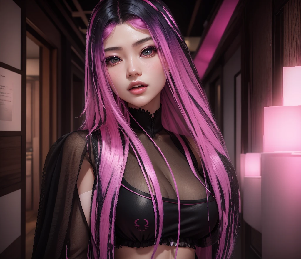 AVATAR SECOND LIFE Korean girl, black blouse, Asian, pink hair, pink hair, pink hair, korean girl , perfect and detailed face, SHEEP, maximalist details, AVATAR SECOND LIFE Korean blusa , neon, little eyes, korean eyes, perfect face