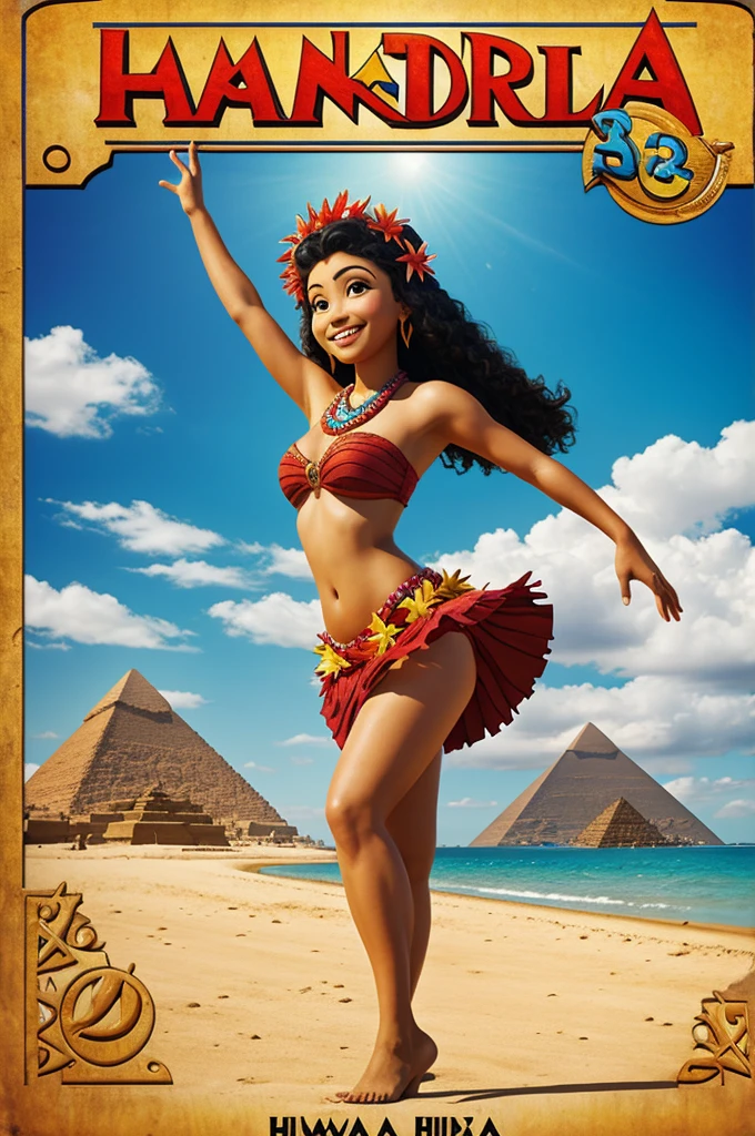 Pixar-type poster of a Hawaiian dancer on a beach with the Egyptian pyramids in the background