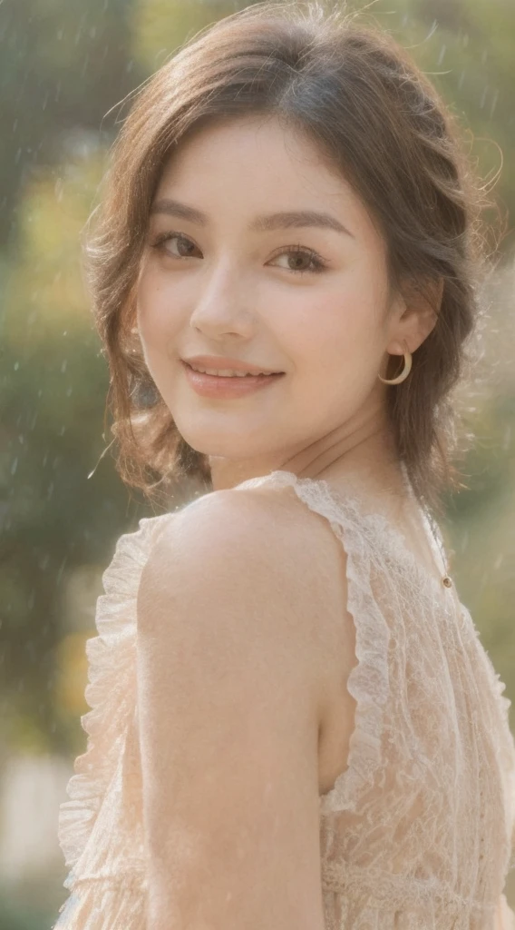 ((Best Quality, 8K, Masterpiece:1.3)), Focus: 1.2, Perfect Body Beauty: 1.4, Buttocks: 1.2, ((Layered Haircut, Breasts: 1.2)), (Wet Clothes: 1.1), (Rain, Street:1.3), Bandeau Dress: 1.1, Highly Detailed Face and Skin Texture, Fine Eyes, Double Eyelids, Whitening Skin, Long Hair, (Shut Up: 1.3), Smile "Create a high-quality profile picture of a young Latina woman named Bella Rivera. She is 24 years old, with a softer, curvier build and a warm medium-tan complexion. Bella has an oval-shaped face with high cheekbones, almond-shaped dark brown eyes, and thick, well-groomed eyebrows with a natural arch. Her nose is straight with a slight elegant curve, and she has full lips with a natural pink hue. Bella has a bright, warm smile with subtle dimples, and a small beauty mark above her upper lip on the left side. Her long, wavy hair is deep brown with natural highlights.

In this photo, Bella is wearing a casual yet feminine outfit. She is dressed in a flowy, floral-patterned sundress that highlights her curves and enhances her soft build. The dress has a light, pastel color palette and delicate details such as ruffles or lace. She accessorizes with simple, elegant jewelry like small hoop earrings, a delicate necklace, and a couple of bracelets. Her makeup is natural, with a focus on her bright smile and expressive eyes.

Bella should be standing or sitting in a relaxed and comfortable pose, perhaps holding a cup of coffee or a bouquet of flowers, to enhance the casual and feminine vibe. The background should be a softly blurred outdoor setting, like a park or garden, with natural light highlighting her features and outfit."