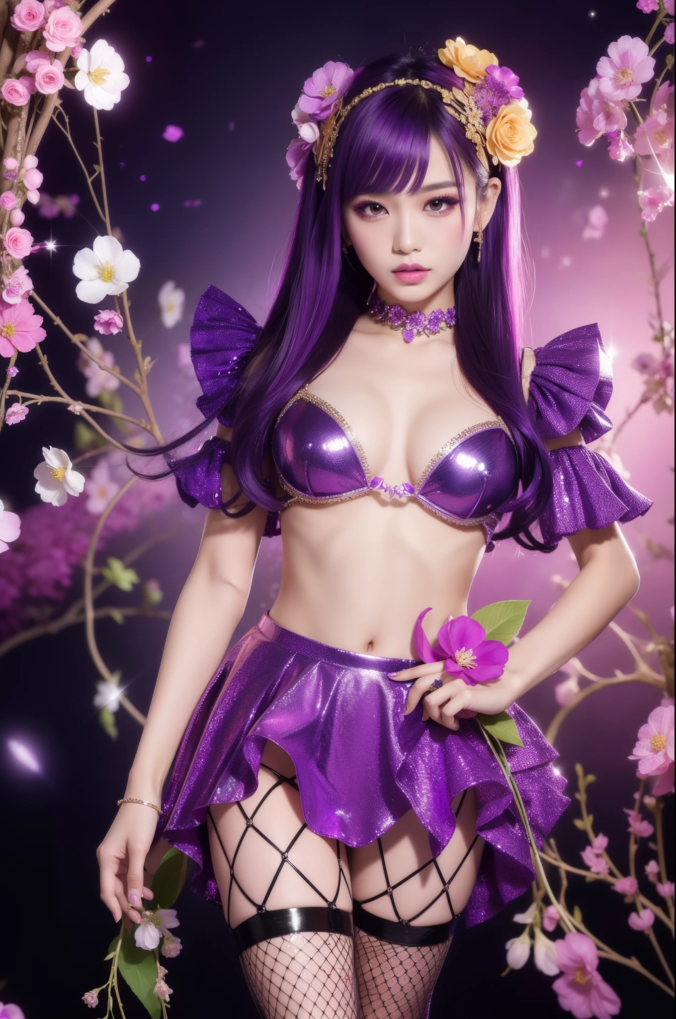 sexy Thai model who controls poison、lipgloss、intense makeup、look at the camera、full body Esbian、、sparkling poisoned flower costume (purple)、、、、shiny sparkling multicolor hair、secrete poison、skull hair accessories、fishnet tights、shiny sparkling flowers background