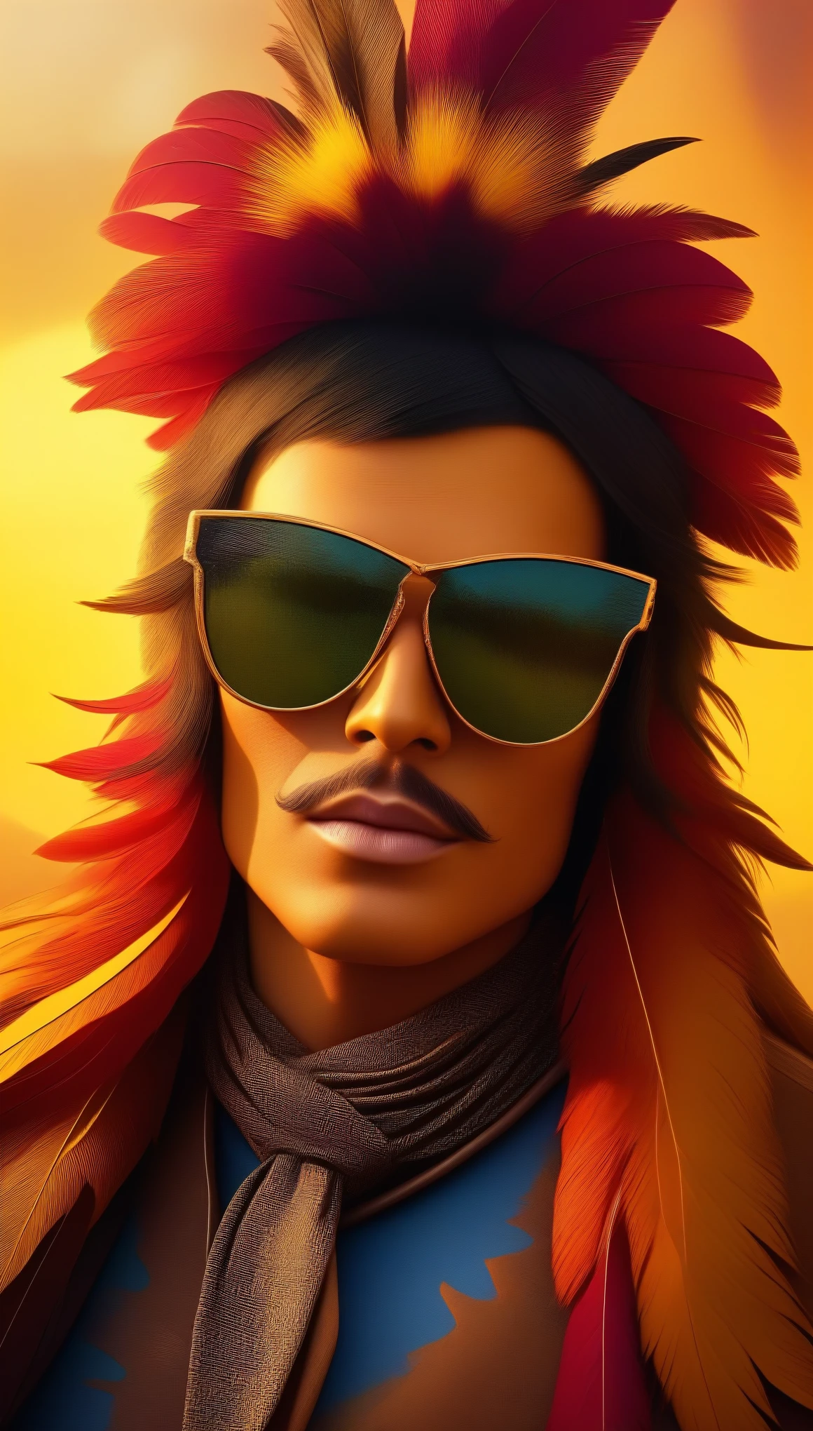 A dynamic cowboy shot of the most beautiful chaotic forms wearing sunglasses, elegant fauvist design, bright colors,romantic atmosphere, golden crow, sun god, feathers, fire,(best quality,4k,8k,highres,masterpiece:1.2),ultra-detailed,(realistic,photorealistic,photo-realistic:1.37),highly detailed and vivid colors,dramatic lighting,cinematic,studio lighting
