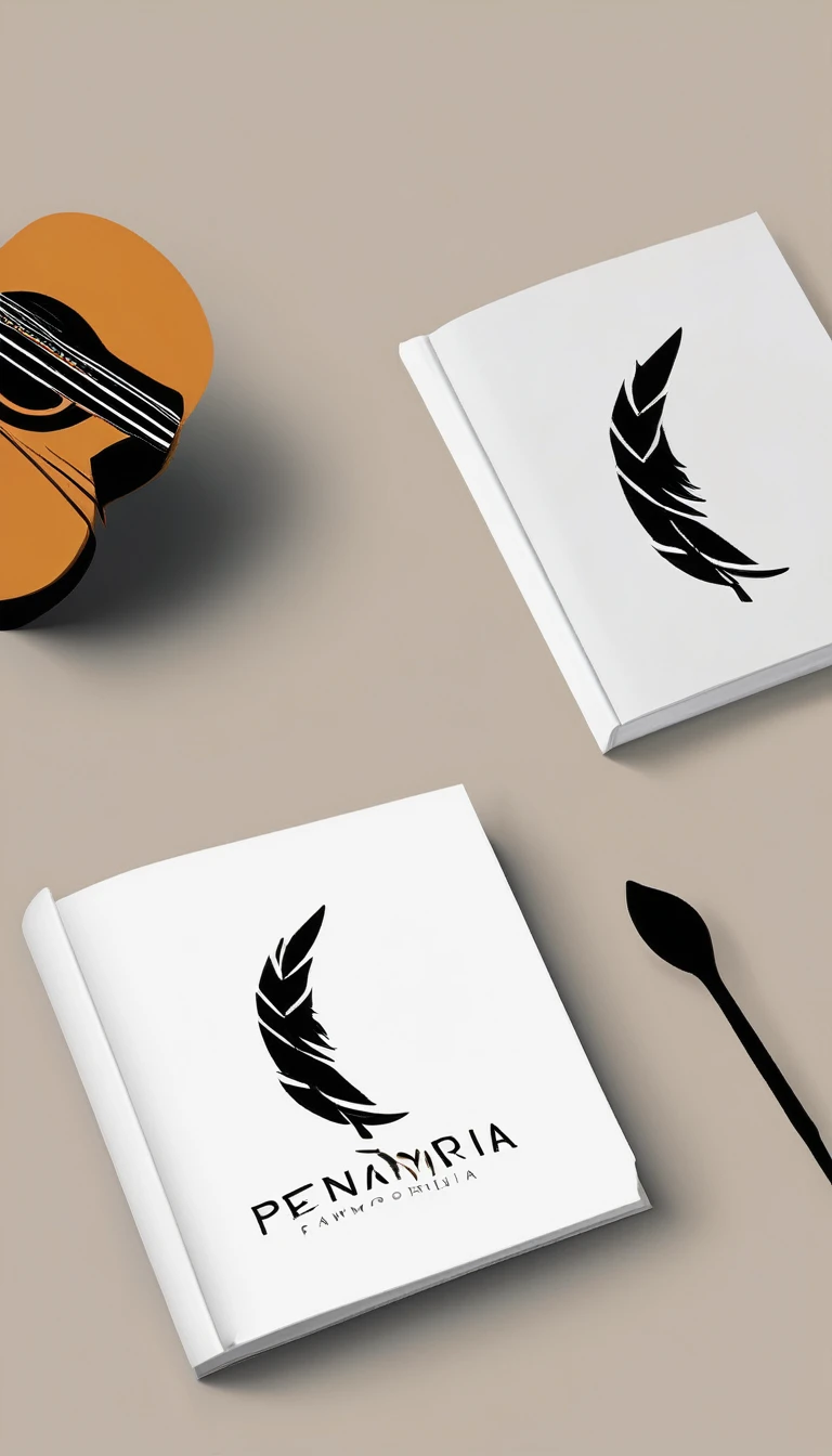 A minimal, high quality, modern, simple, cinematic icon design for the brand “Penamemoria". The logotype must be a simple, magical feather and a boy playing acoustic guitar. The logo must convey a sense of music, stories and dreams. Logo design impressed on a book cover. Minimalistic logo