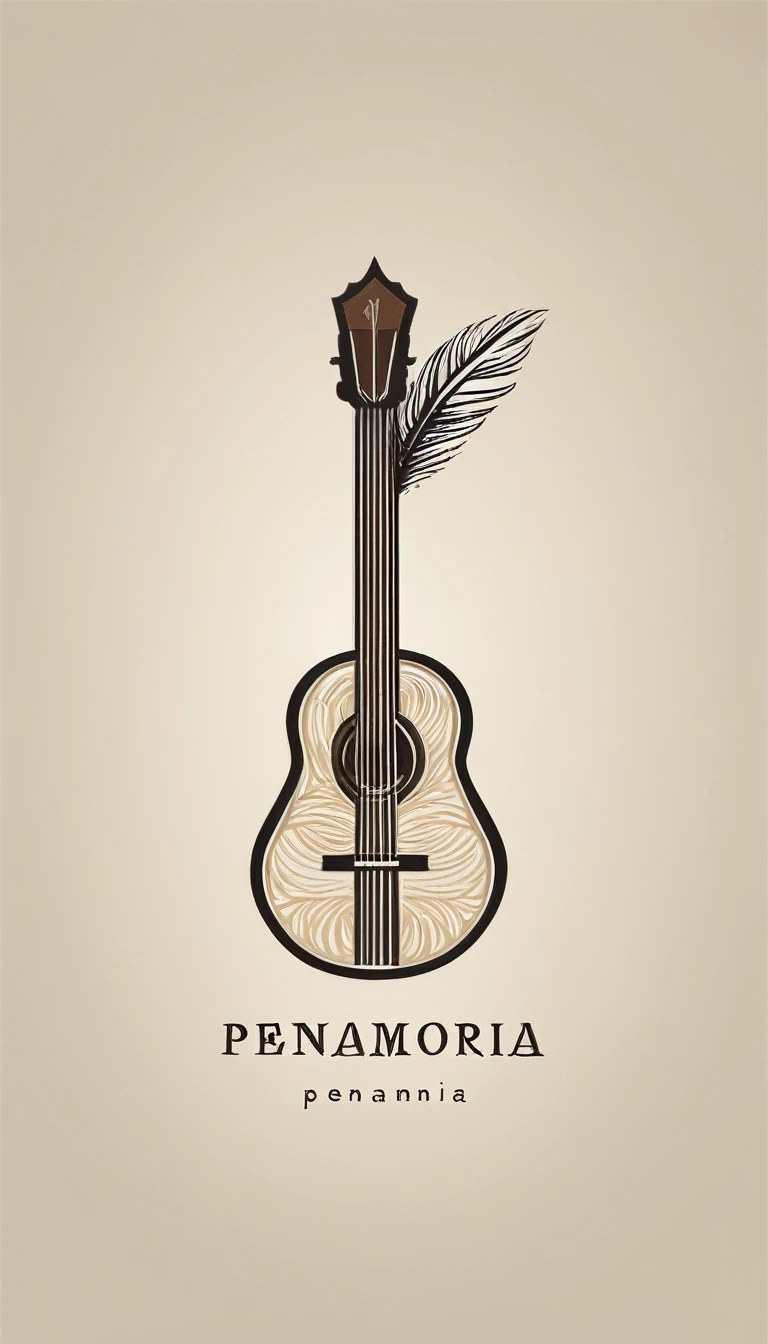 A minimal, high quality, modern, simple, cinematic icon design for the brand “Penamemoria". The logotype must be a simple, magical feather and a boy playing acoustic guitar. The logo must convey a sense of music, stories and dreams. Logo design impressed on a book cover. Minimalistic logo
