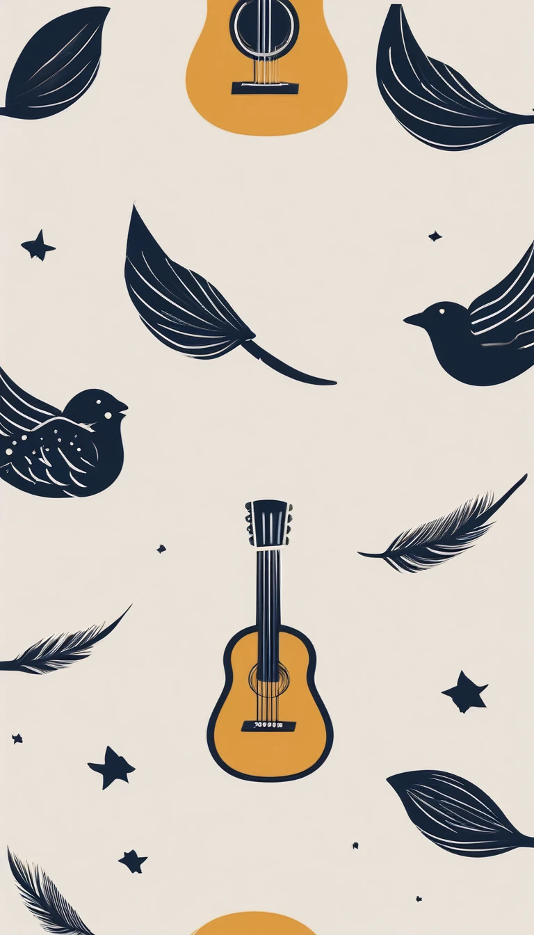 A minimal, high quality, modern, simple, cinematic icon design for the brand “Penamemoria". The logotype must be a simple, magical feather and a boy playing acoustic guitar. The logo must convey a sense of music, stories and dreams. Logo design impressed on a book cover. Minimalistic logo