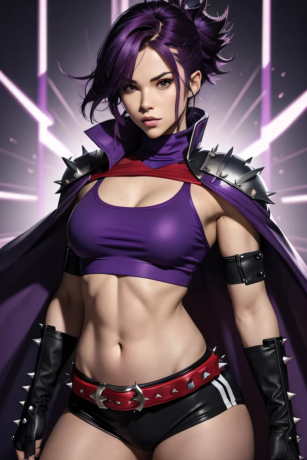 A serious purple-haired female fighter.
Very short spiky hair.
Red headband.
Determined and serious.
Purple thick lips.
Red Japanese gauntlets and black fingerless gloves.
White wrapped crop top.
Blue musketeer cape.
Black cropped leggings.
Muscular and feminine body with perfect proportions.
Hyperdetailed Comics style.
Dynamic and vibrant pose and angle.