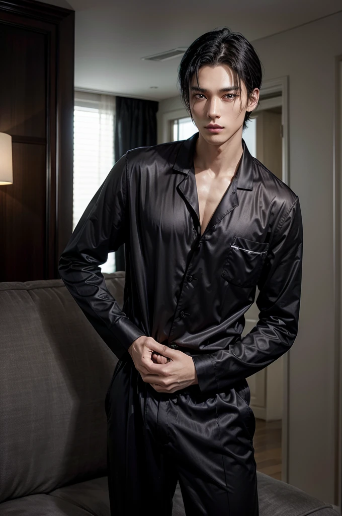 Man in black elegant pajamas tall and fit, with short black hair, while sexy modeling, in different places, in different positions.