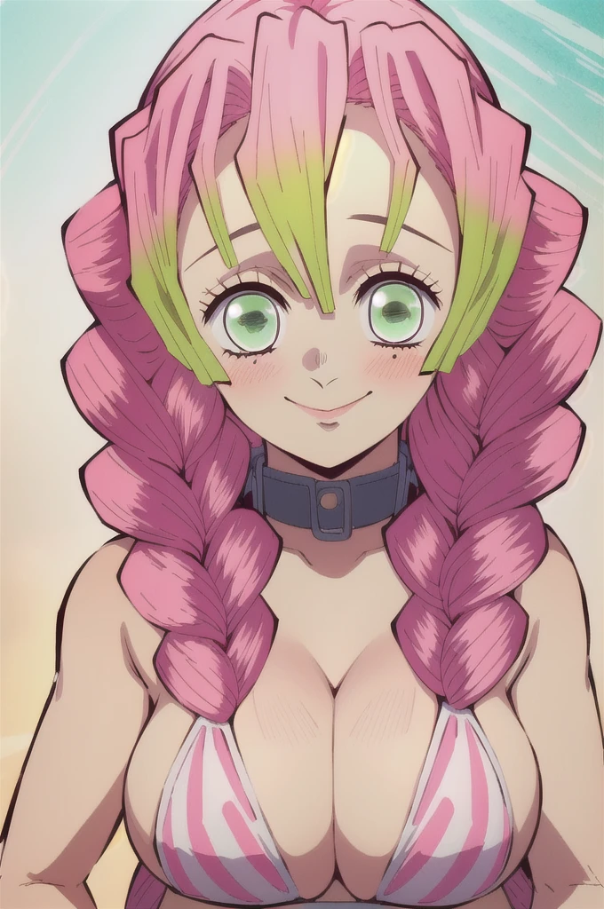 (masterpiece, best quality), intricate details,
MitsuriKanroji, kanroji mitsuri, 1girl, solo, long hair, winking, green eyes, pink hair, braid, green hair, twin braids, smile, cute smile, blushed smile, blush, blushing, large breast, huge breasts, bikini top, collarbone, neck, bare shoulders, pink bikini top, cleavage, top angle, shot from above, perfect shot, plain background, white background, photoshoot, complete head in frame, zoomed out, top of head, perfect shot, perfect framing, background
