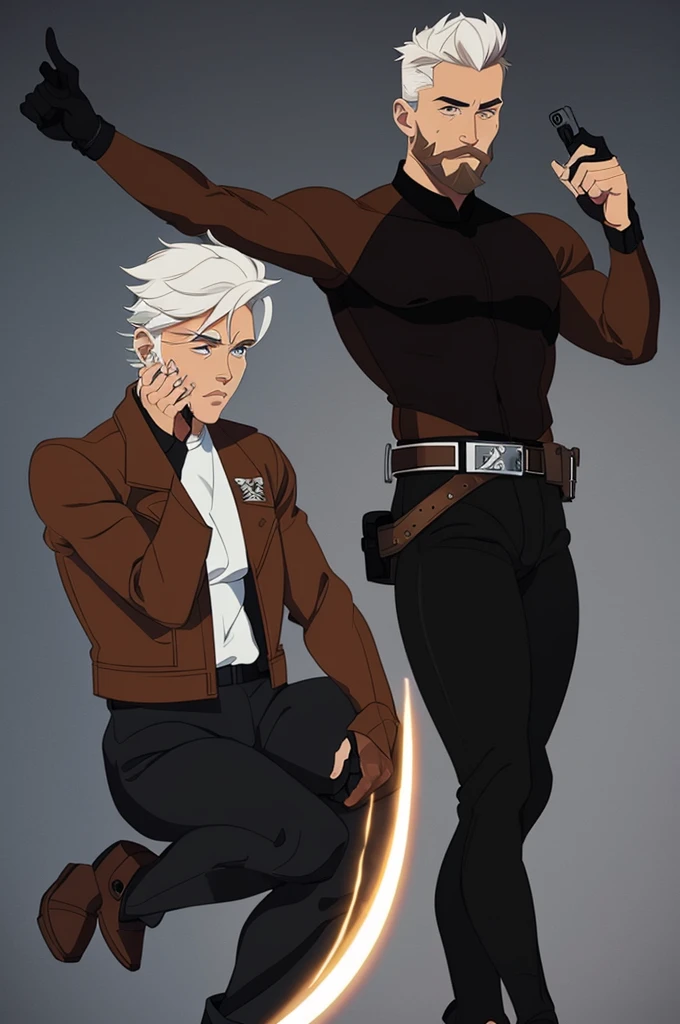 solo Male, muscular, White short hair, brown short beard, brown long sleeve leather jacket, black shirt, black pants, holding a pistol, full body, stoic attitude.