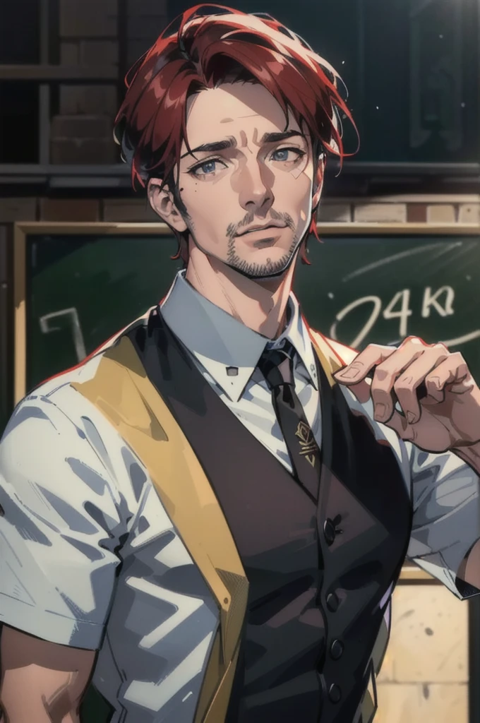 40-year-old man (Red Short Hair:1.0), Grey Eyes, Moles all over the face, Wear official uniform, Masculinity, teacher, (Highest quality,4K,8K,High resolution,masterpiece:1.2),Super detailed,(Realistic,photoRealistic,photo-Realistic:1.37),Cinema Lighting,Highly detailed face and body,Sharp focus,Vibrant colors,Anime Style