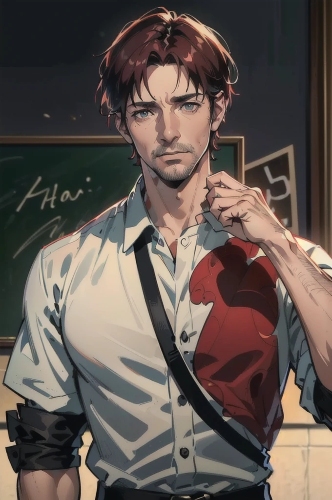 40-year-old man (Red Short Hair:1.0), Grey Eyes, Moles all over the face, Wear official uniform, Masculinity, teacher, (Highest quality,4K,8K,High resolution,masterpiece:1.2),Super detailed,(Realistic,photoRealistic,photo-Realistic:1.37),Cinema Lighting,Highly detailed face and body,Sharp focus,Vibrant colors,Anime Style