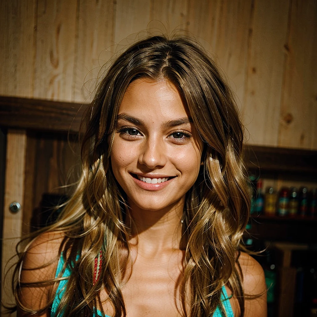 blond hair, smiling, dark eyes, a little tanned skin, long and wavy hair,