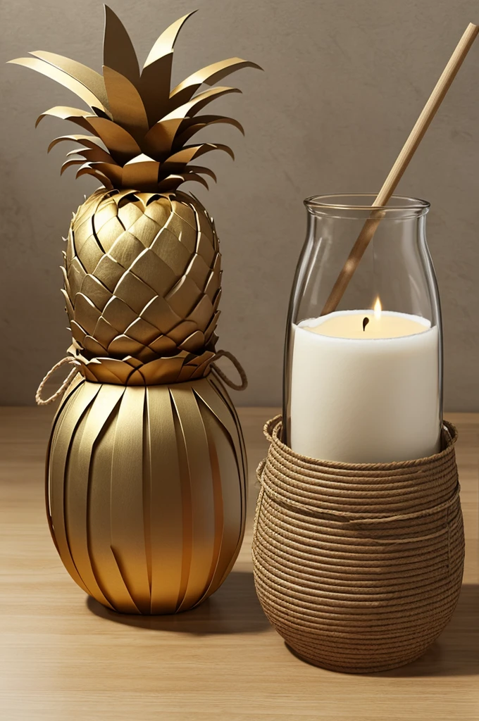 how to draw a 3d composition with paper bag 30 cm , metal vessels, glass with 1/2 water fill pineapple and cloth background.