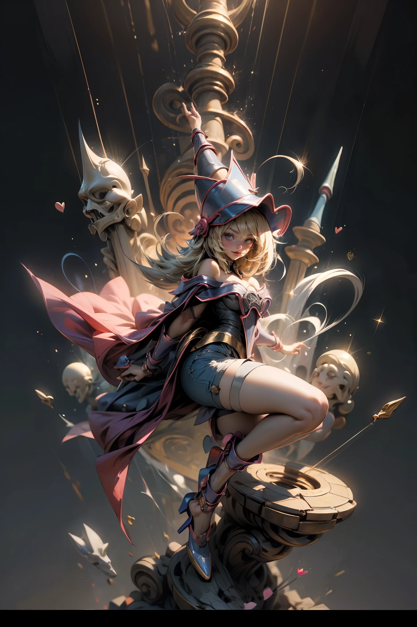 (Masterpiece:1.2), (The best quality:1.2), perfect lighting, Dark Magician Girl casting a spell, in battle. floating in the air, big and visible tits, wear jeans and heels. transparent neckline, blue robe, big hat, From above, sparkles, Yugioh game, The magic of the heart, romantic heart.