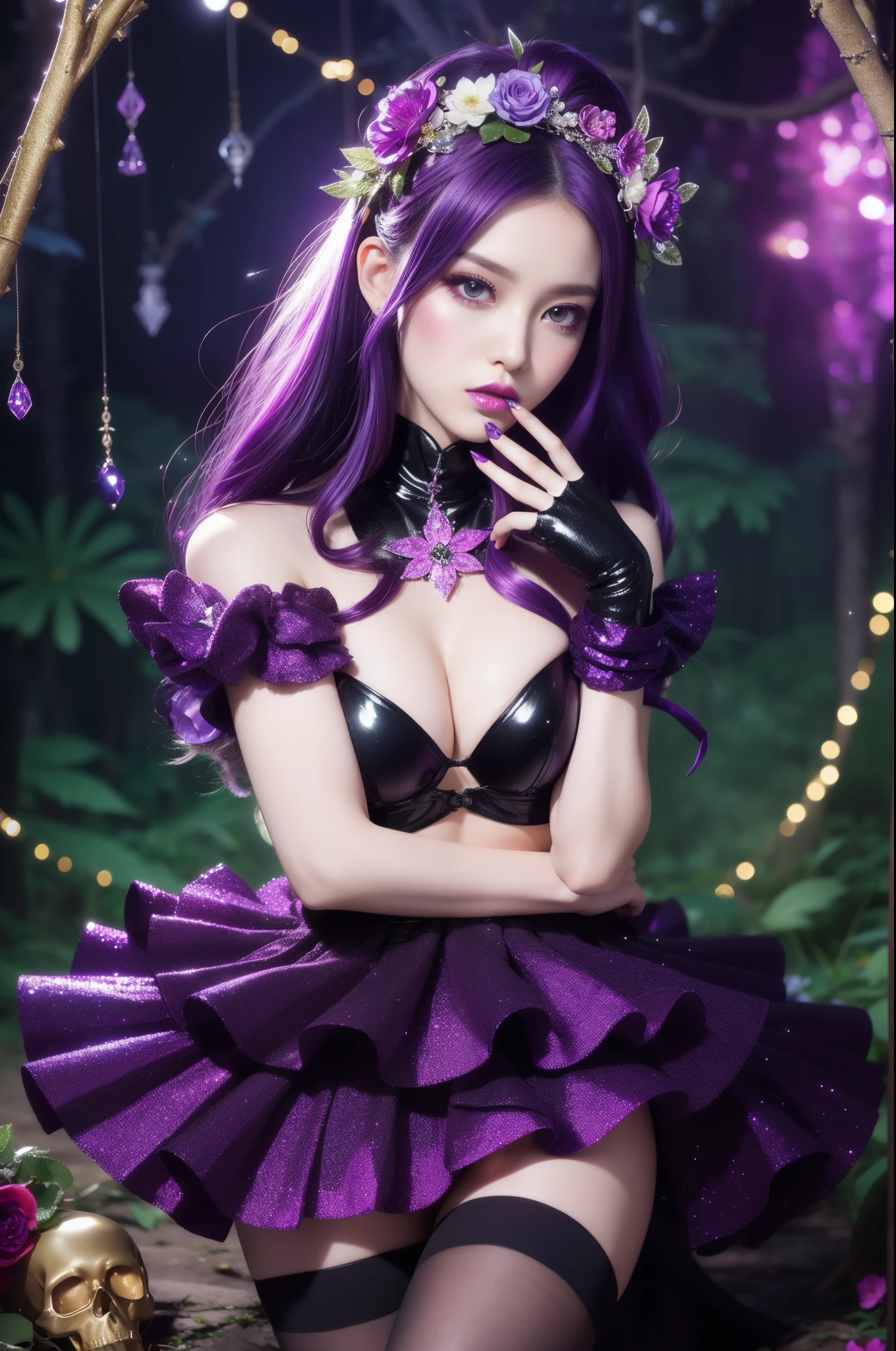 sexy female model who controls poison、lipgloss、intense makeup、look at the camera、full body Esbian、、sparkling poisoned flower costume (purple)、、、、shiny sparkling multicolor hair、secrete poison、skull hair accessories schnet tights、shiny sparkling dark magic forest background