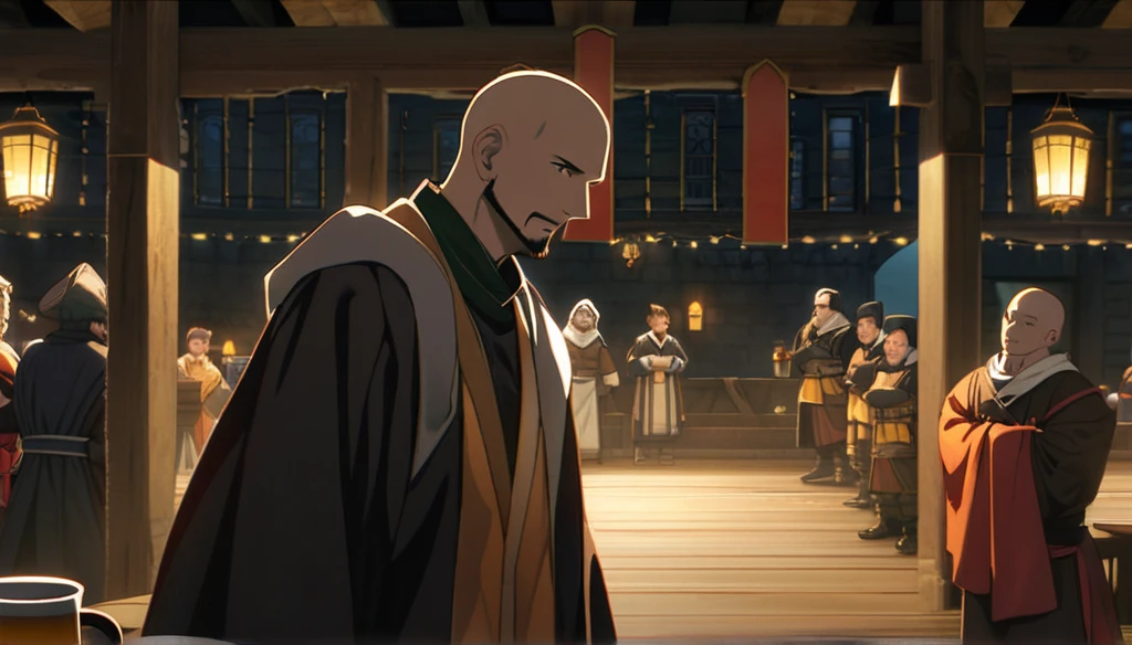 ((anime Infinite Status art, 8k, epic quality)). The theme is medieval RPG. It's night. The setting is a large old medieval tavern, very detailed, wooden furniture, wooden walls with chandeliers completely illuminating the scene, some windows, wooden floors, there are several people(men and women) from several different classes(knights, clerics, ninjas, thiefs, monks, archers, pirates) partying and drinking a lot of beer around the setting, the focus is a man(31-years-old wizard, bald, handsome face, smiling like a drunk, black beard slightly gray, white skin, brown eyes, strong and short in stature, he wears a pointy wizard's hat and legendary wizard's clothes, he is drinking beer from a mug using his left hand). The atmosphere is festive, funny, cheerful and magical. Complete view of the setting.