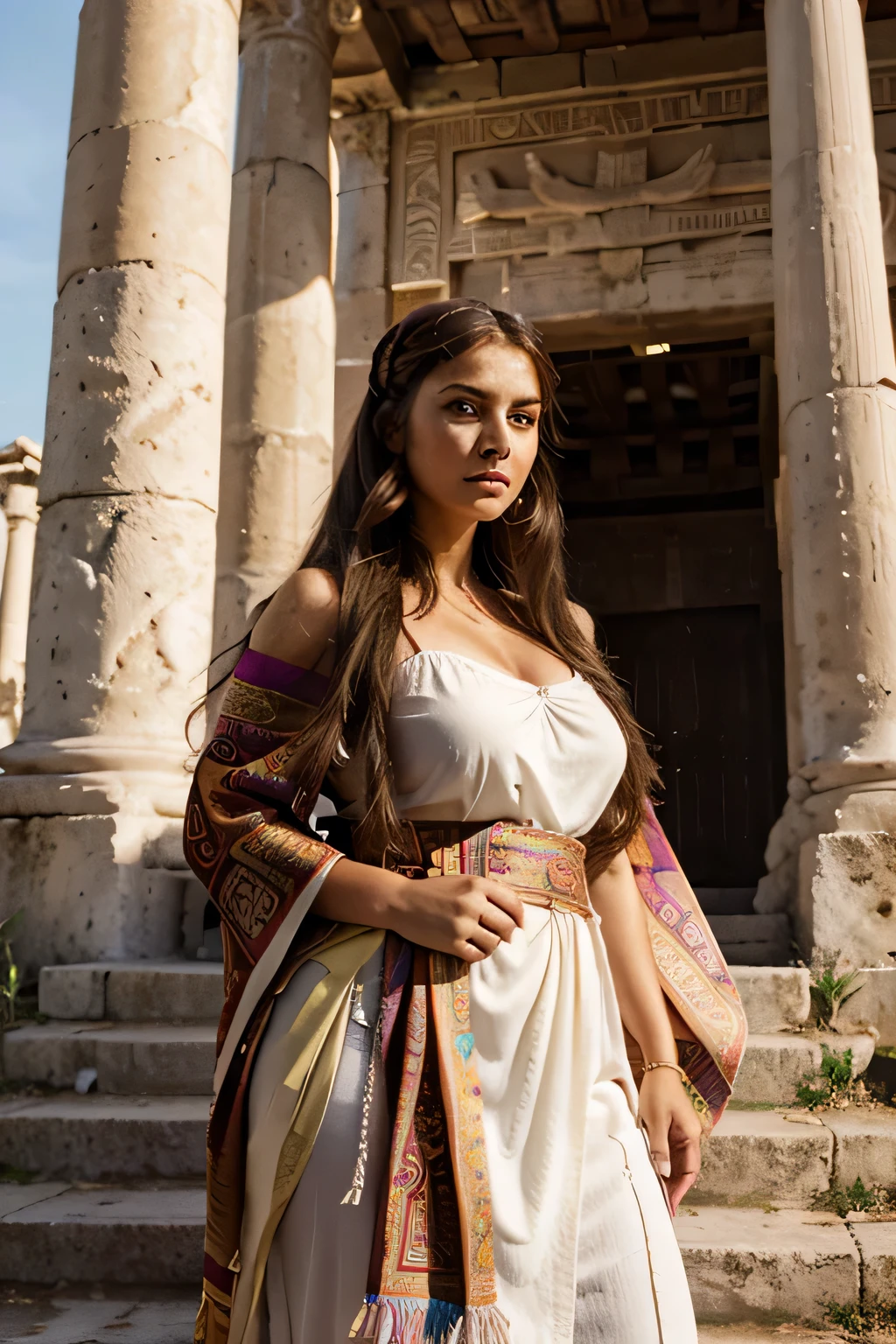 Roman Domina, plump woman wearing a colorful stole, standing on the steps of the temple of Hera, seeking out, noble face, Brown hair, Brown eyes, elaborate hairstyle