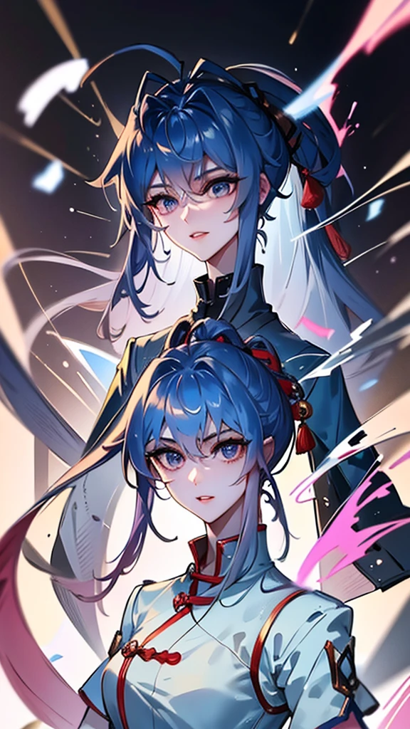 Masterpiece, Best quality, just 1 Tang Wu Tong, the expression is cold, strong, blue eyes, short hair, wolfcut hairstyle, smoky mix blue color hair, resolute eyes, red lips, simple Taoist Taoist uniform, Chinese mix morden, frontal photo, black or white background, simple background, anime, illustration, Chinese purple short-sleeved shirt, full HD