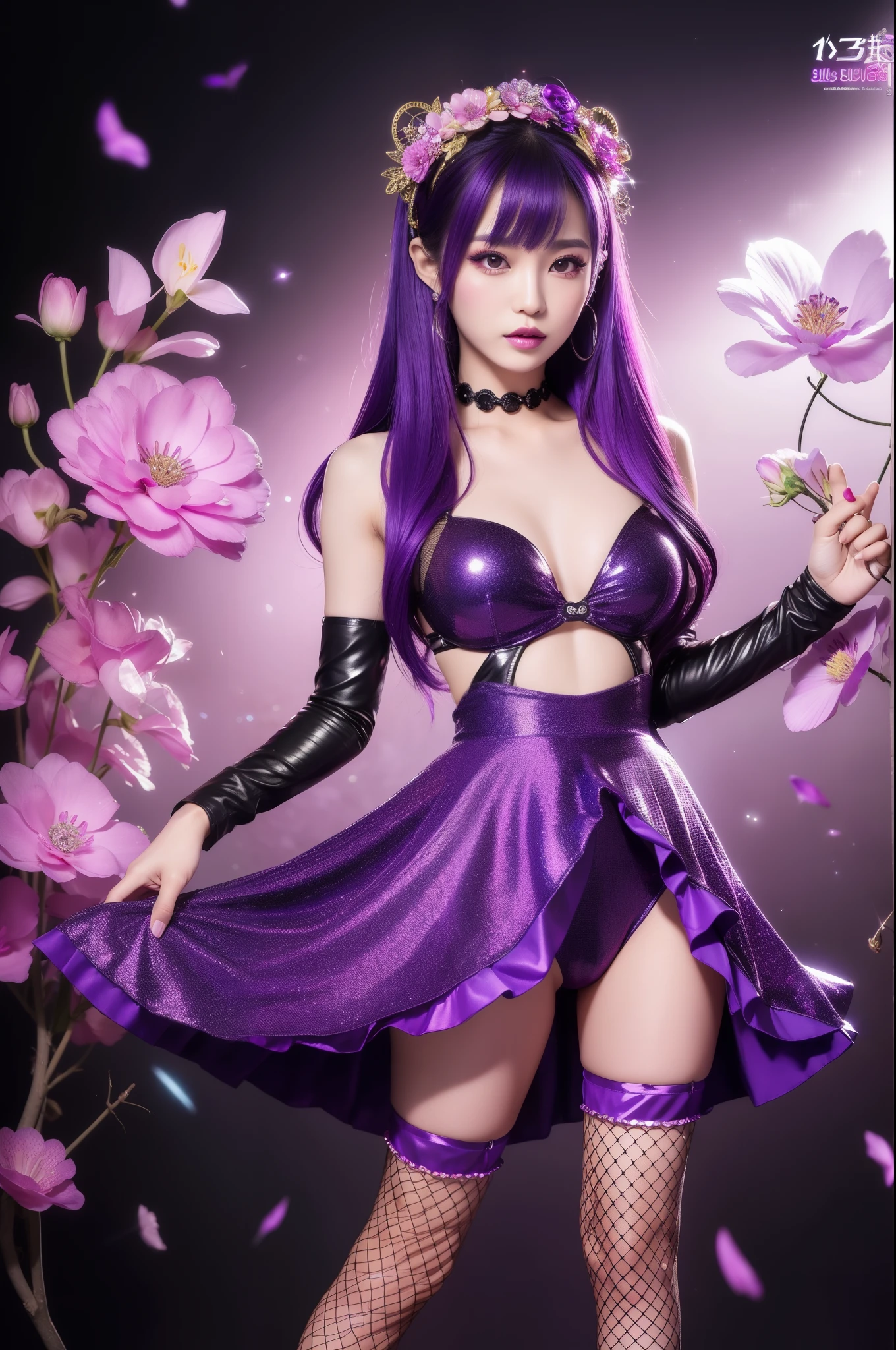 sexy Thai model who controls poison、lipgloss、intense makeup、look at the camera、full body Esbian、、sparkling poisoned flower costume (purple)、、、、shiny sparkling multicolor hair、secrete poison、skull hair accessories、fishnet tights、shiny sparkling flowers background