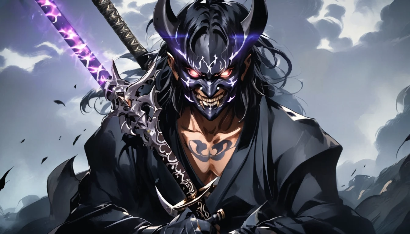 demon mask, sword on the hand,close up, black heavy detailed clothes, hand katana, art, dark and malevolent, hand sword, armor, powerful and intimidating, (masterpiece, best quality, ultra-detailed, best shadow), (detailed background, dark fantasy) dramatic light, intricate details, dark and malevolent, powerful and intimidating, Dark and foreboding, malevolent force, sinister and chilling, armor, high detailed background, girl in demon slayer art, demon slayer art style, epic anime art, God death