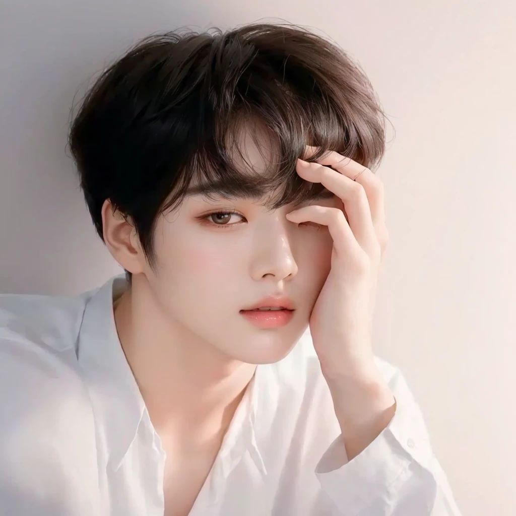 a close-up of a person in a white shirt holding their head, Yoongi with black hair, Jungkook, Ulzzang spacious, Jimin\the right eyelid is swollen, inspired by jeonseok lee, Jimin, yanjun chengt, Jimin\the Greek nose, adorable and pale korean face, jung jaehyun, park Jimin, Tae June Kim, inspired by Kun Can