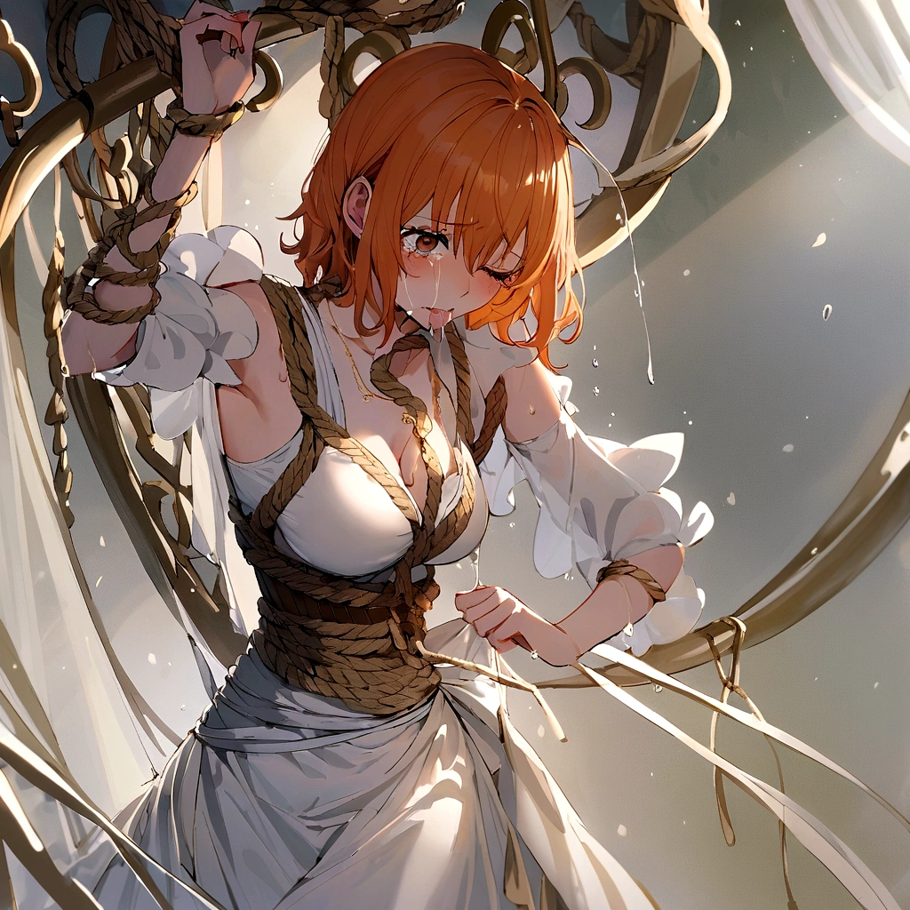 Nami from One Piece Painful expression Handcuffs on both arms Being pulled from above by a rope around the neck White saliva dripping from the mouth With tears in her eyes, she closes one eye The background is a prison Disliked expression Only two arms White Breath Trembling My whole body is wet Your hair is being grabbed by someone else Raising his arms