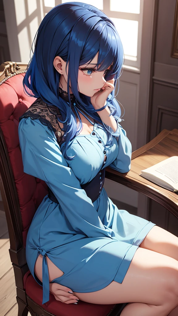 Beautiful Woman Woman Seated Perfect Legs Hands Between Legs Mini Dress In Profile, blue Hair