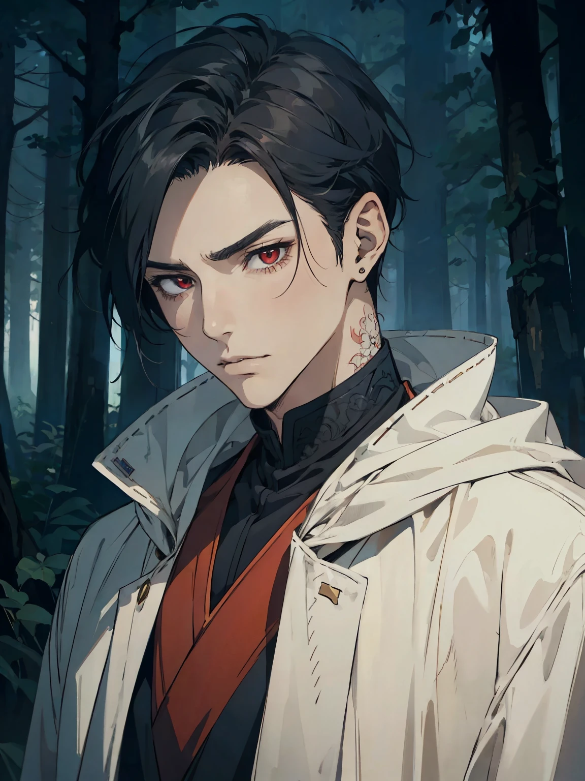 anime - style image of a man in a black coat in a forest, handsome guy in demon slayer art, anime lush john 8k woods, male anime style, handsome japanese demon boy, beautiful androgynous prince, anime handsome man, anime portrait of a handsome man, male anime character, badass anime 8 k, artwork in the style of guweiz, red eyes, mad face