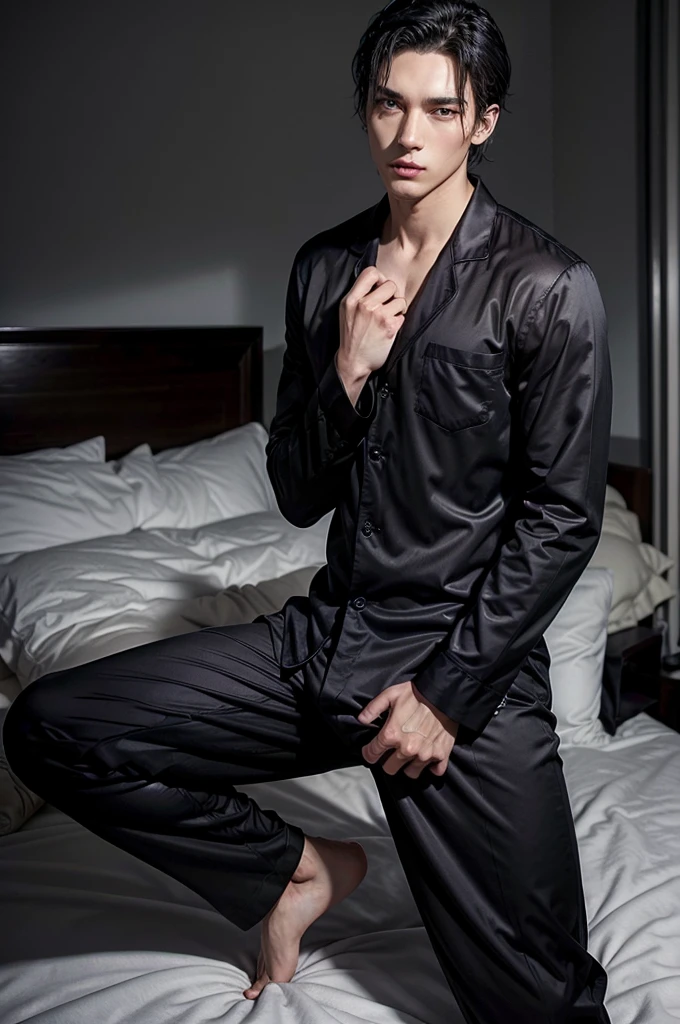 Man in black elegant pajamas tall and fit, with short black hair, while sexy modeling, in different places, in different positions.