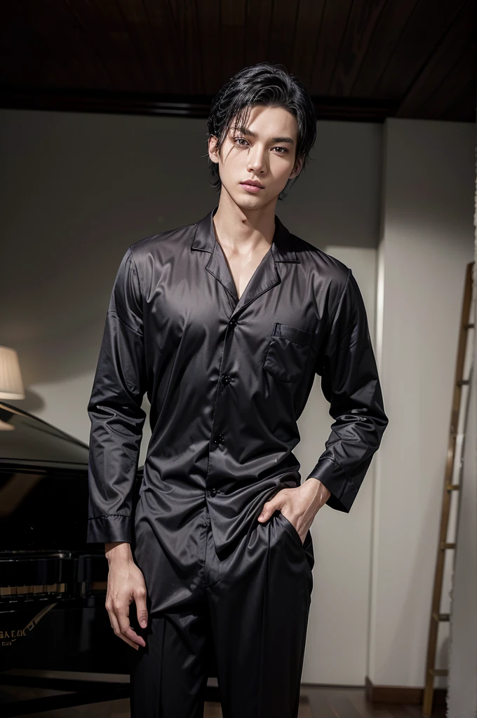 Man in black elegant pajamas tall and fit, with short black hair, while sexy modeling, in different places, in different positions.