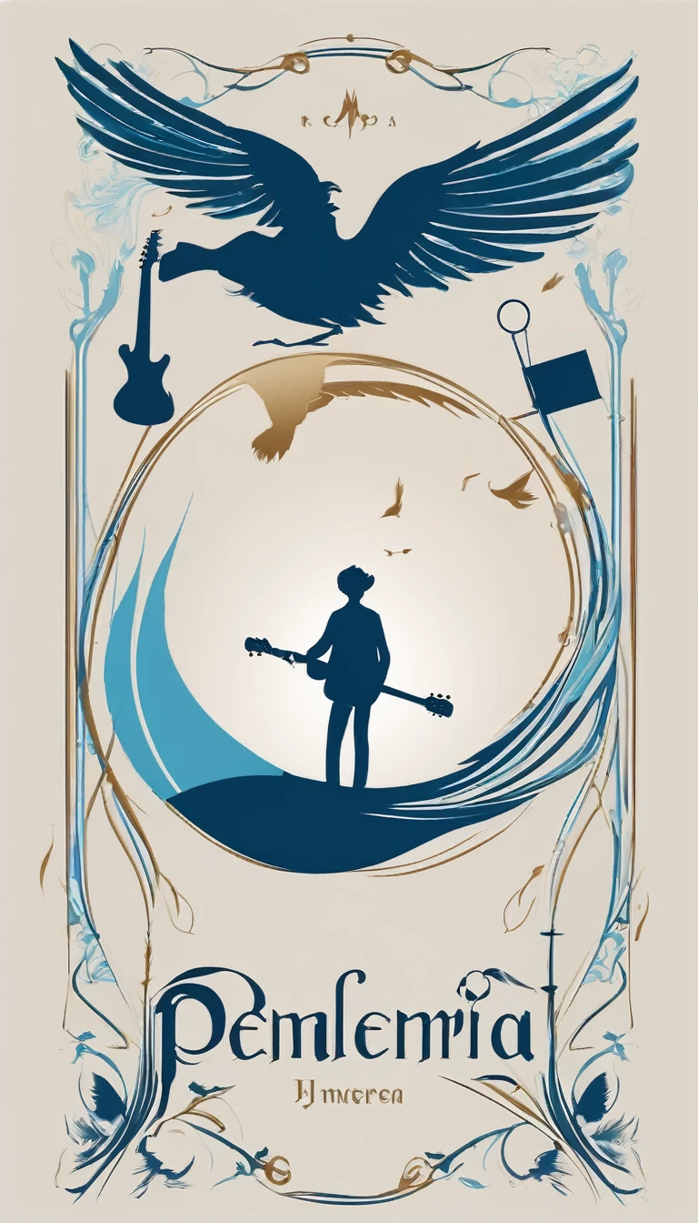 A minimal, modern, simple, cinematic logo design for the brand “Penamemoria". The logo design must be a simple, silhouette of a boy, standing up, playing acoustic guitar and fantasy feather by his side. The logo must convey a sense of music, stories, memories and dreams. Logo design impressed on a book cover. Minimalistic logo. Light blue, soft white and light golden as colors for the logo design