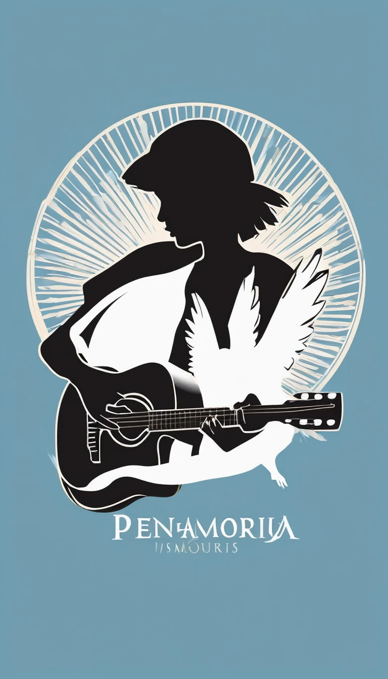 A minimal, modern, simple, cinematic logo design for the brand “Penamemoria". The logo design must be a simple, silhouette of a boy, standing up, playing acoustic guitar and fantasy feather by his side. The logo must convey a sense of music, stories, memories and dreams. Logo design impressed on a book cover. Minimalistic logo. Light blue, soft white and light golden as colors for the logo design