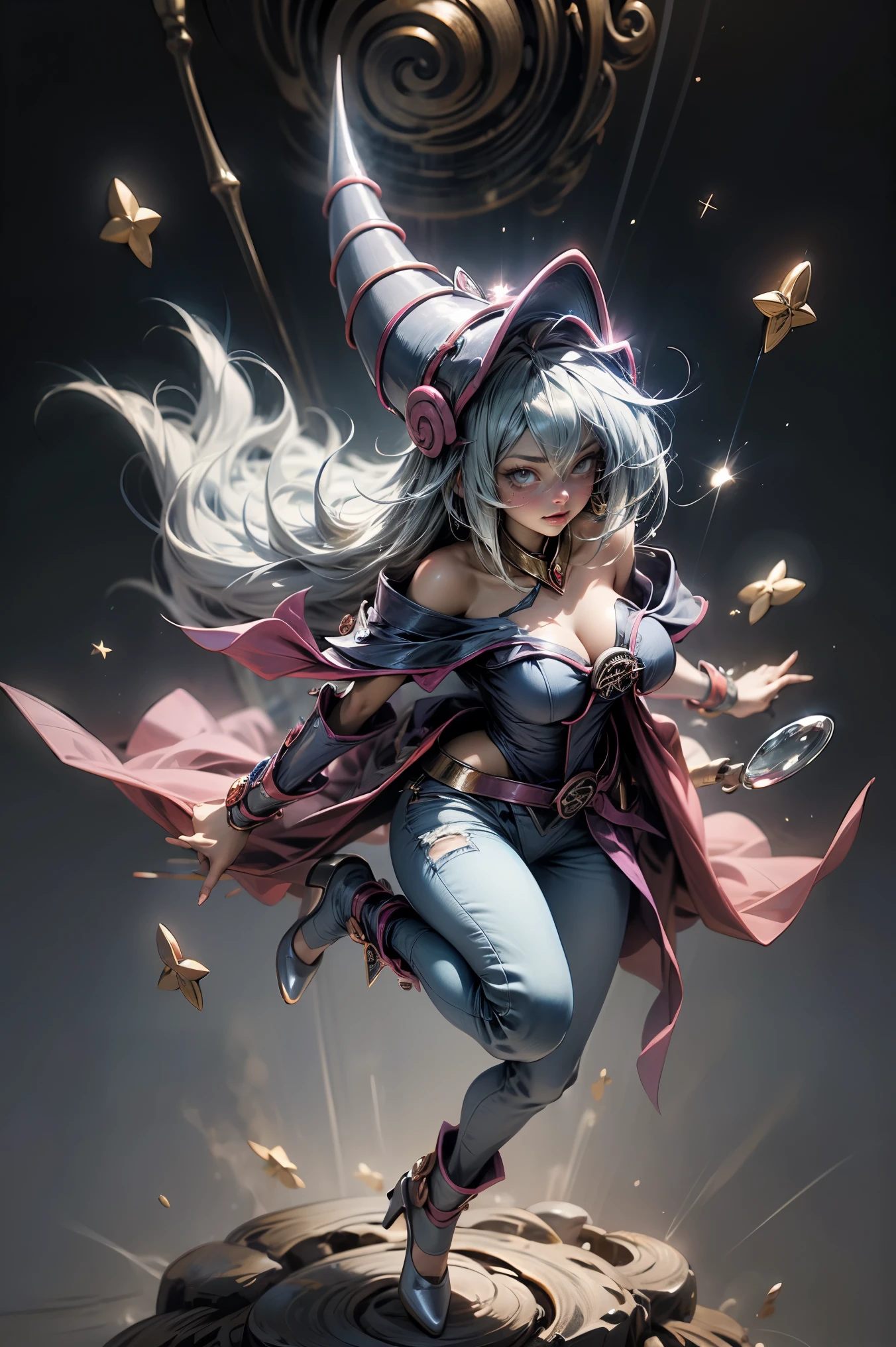 (Masterpiece:1.2), (The best quality:1.2), perfect lighting, Dark Magician Girl casting a spell, in battle. floating in the air, big and visible tits, wear jeans and heels. transparent neckline, blue robe, big hat, From above, sparkles, Yugioh game, The magic of the heart, romantic heart.