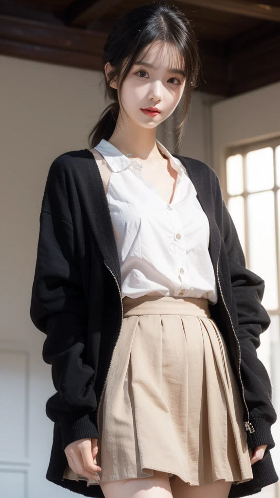 laugh、night、raw photo、(((ultimate beauty portrait)))、((glowing skin))、1 girl、Beautiful 19 year old girl from Prague、bright expression、((brown hair))、(split)、(flared skirt:1.5)、((Big eyes shining like jewels))、Open Cardigan、open your clothes、pantyhose、shiny skin、(medium hair)、(silky ponytail hair)、(standing)、(from below)、under the skirt、(下着をfrom belowクローズアップ)、eyeliner、beautiful bangs、hair between eyes、最high quality、very detailed、film light、intricate details、high resolution、very detailed))、detailed background、8 Commercial Code、digital SLR、soft light、high quality、film grain、Fujifilm XT3 、shallow depth of field、자연스럽고 soft light、Kamimay、slim