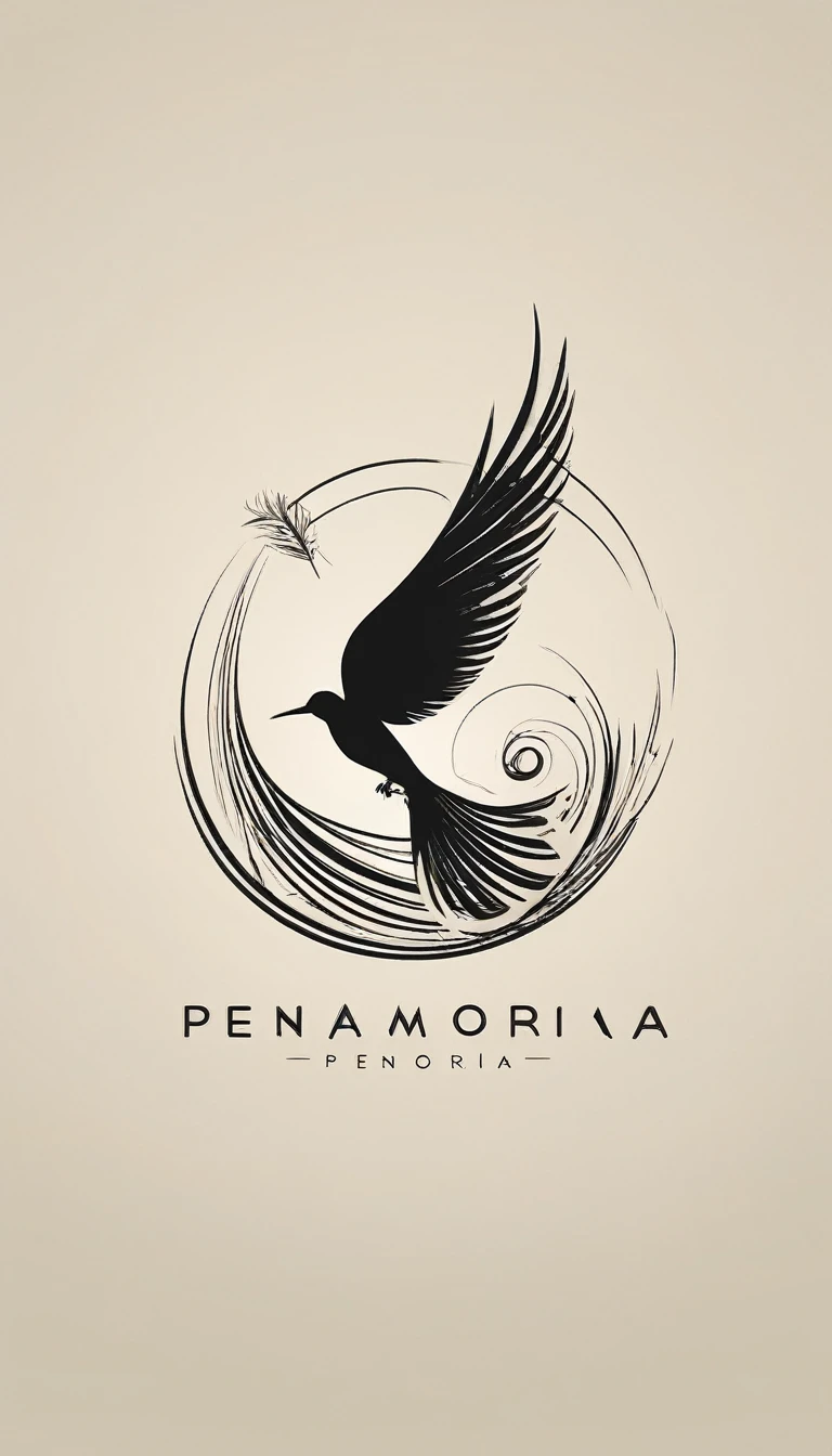 A minimal, high quality, modern, simple, cinematic symbol design for the brand “Penamemoria". The logotype must be a simple, magical feather and a boy playing acoustic guitar. The logo must convey a sense of music, stories and dreams. Logo design impressed on a book cover. Minimalistic logo
