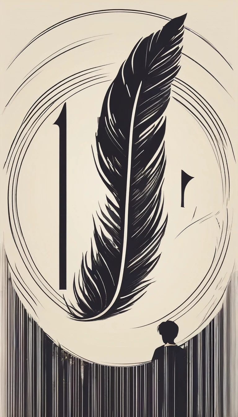 A minimal, high quality, modern, simple, cinematic symbol design for the brand “Penamemoria". The logotype must be a simple, magical feather and a boy playing acoustic guitar. The logo must convey a sense of music, stories and dreams. Logo design impressed on a book cover. Minimalistic logo