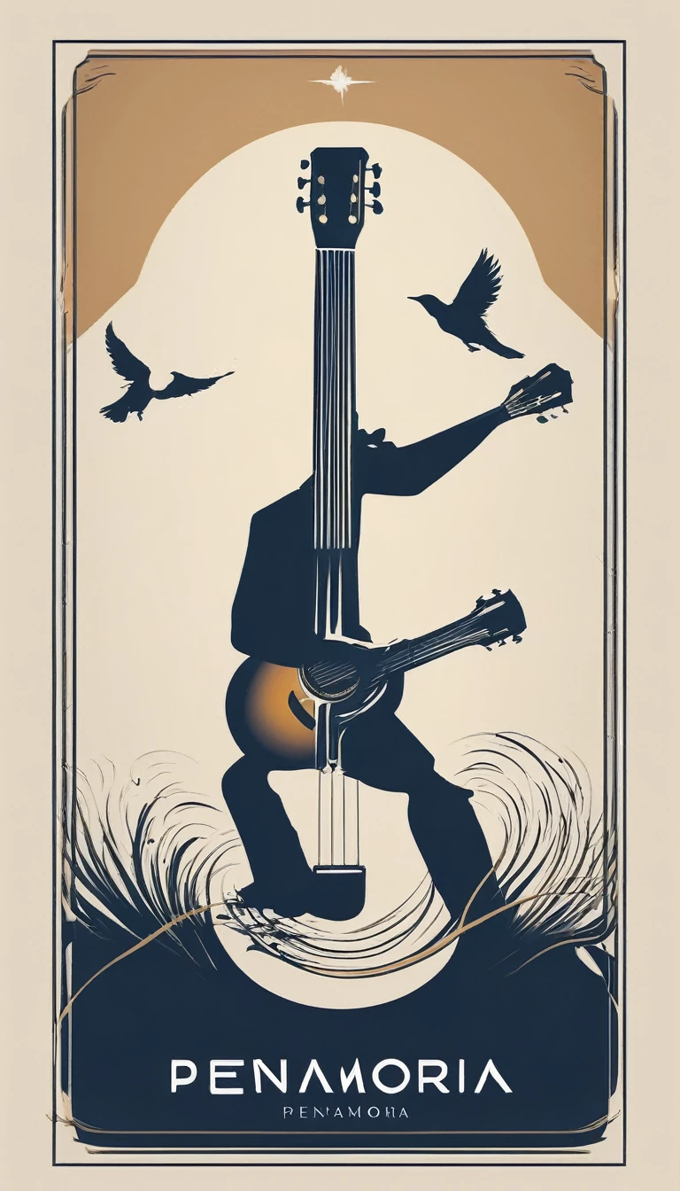 A minimal, high quality, modern, simple, cinematic symbol design for the brand “Penamemoria". The logotype must be a simple, magical feather and a boy playing acoustic guitar. The logo must convey a sense of music, stories and dreams. Logo design impressed on a book cover. Minimalistic logo
