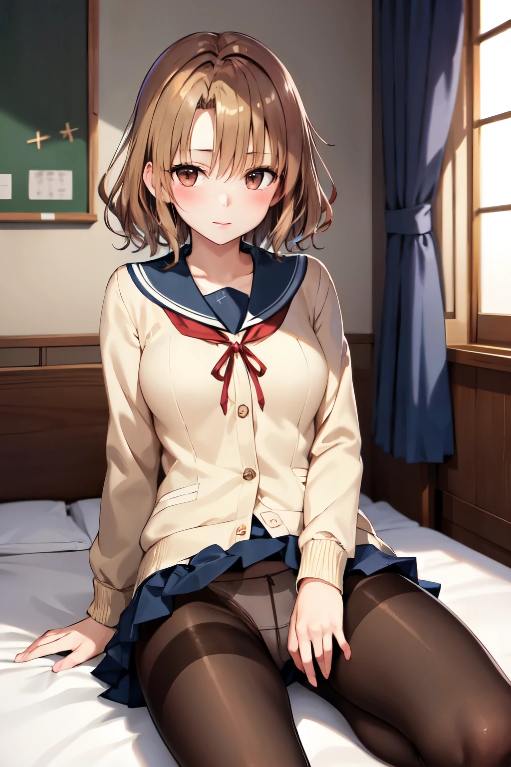 masterpiece, Highest quality, High resolution, One girl, alone, short hair, Brown Hair, Brown eyes, Bedroom、((pantyhose))、(Japanese school uniform)、(Knitted outerwear)、(Showing panties)