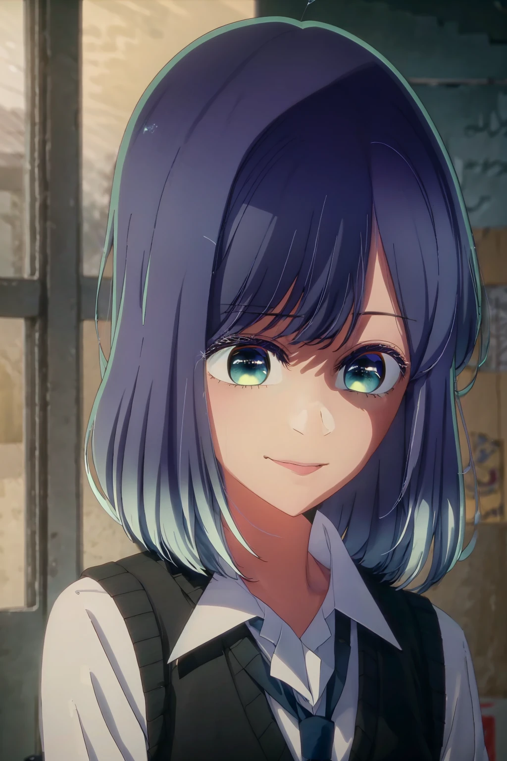 best quality, masterpiece, 1 girl, alone, beautiful, detailed eyes, shirt, blue tie, blue hair, white shirt, long sleeves, medium hair, collared shirt, vest, indoors, , bangs, vest, closed mouth , smile, green eyes, multicolored hair, black vest, short hair, faded hair, blue eyes, skirt, festival, festival lights, fireworks