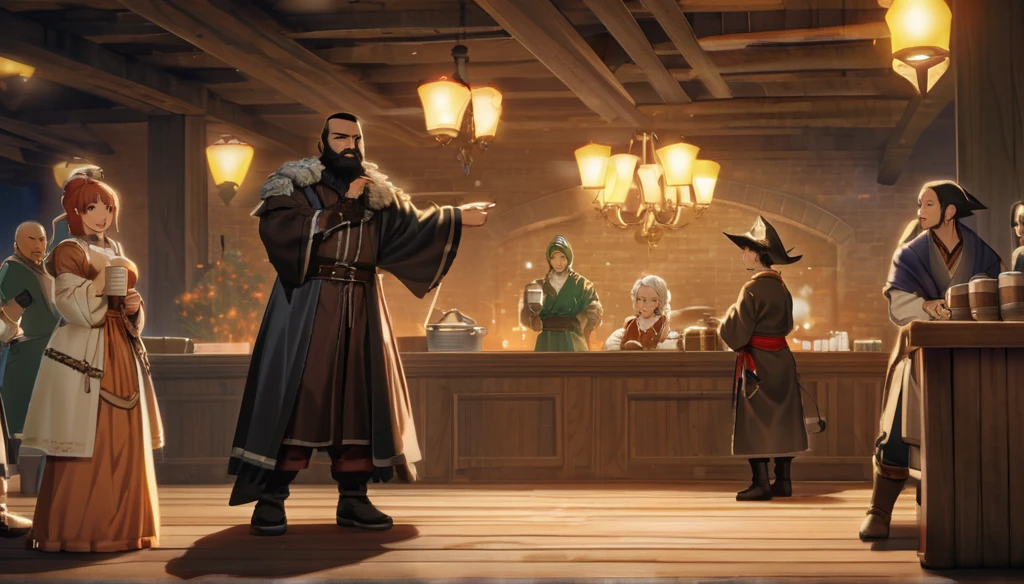 ((anime Infinite Status art, 8k, epic quality)). The theme is medieval RPG. It's night. The setting is a large old medieval tavern, very detailed, wooden furniture, wooden walls with chandeliers completely illuminating the scene, some windows, wooden floors, there are several people(men and women) from several different classes(knights, clerics, ninjas, thiefs, monks, archers, pirates) partying wildly and drinking a lot of beer around the setting, the focus is a man(31-years-old wizard, bald, handsome face, smiling like a drunk, black beard slightly gray, white skin, brown eyes, strong and short in stature, he wears a pointy wizard's hat and legendary wizard's clothes, he is drinking beer from a mug using his left hand). The atmosphere is festive, funny, cheerful and magical. Complete view of the setting.