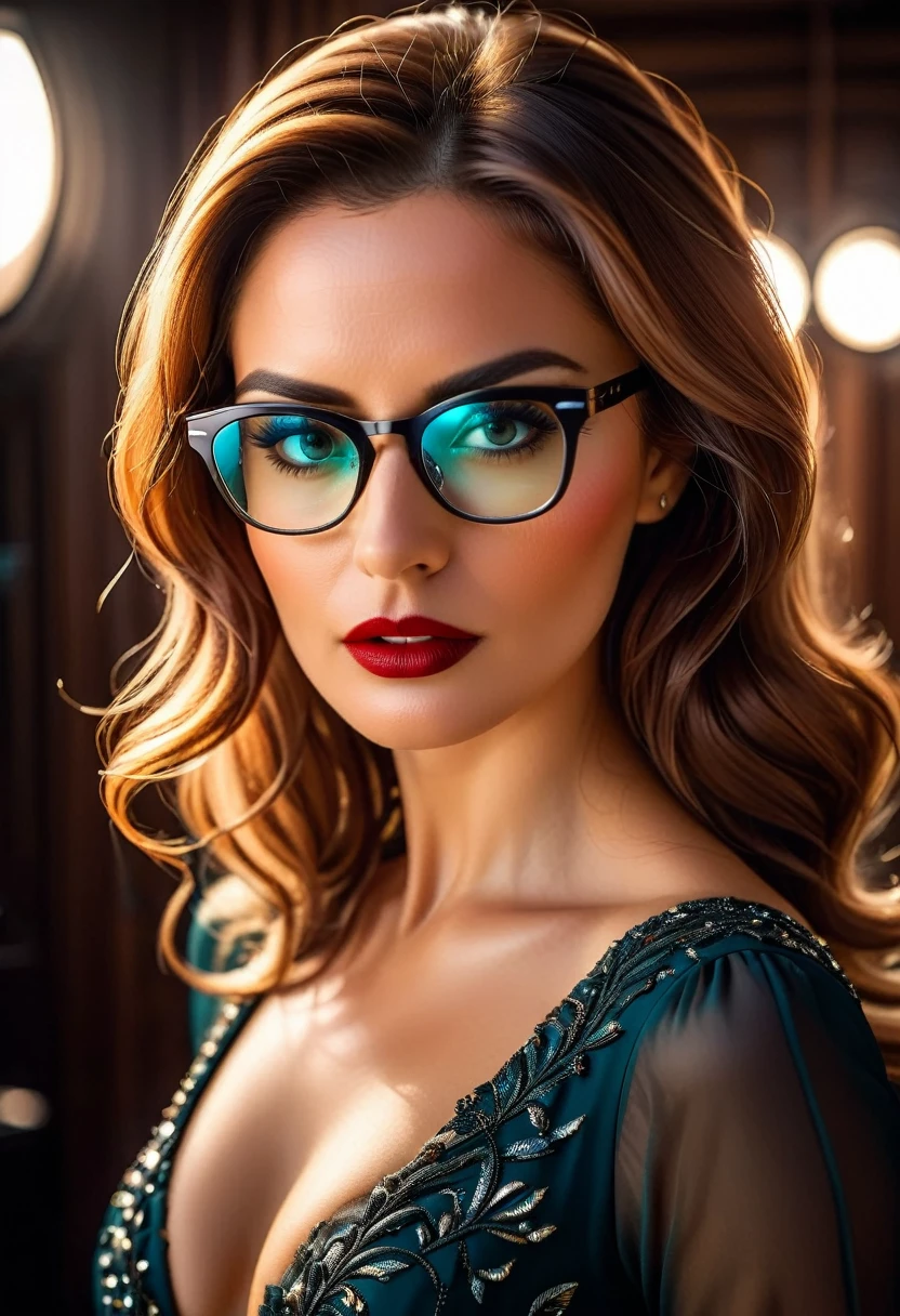 a facial portrait of a ((spy using glasses to take pictures)) working on a secret computer labratory, an elegant, exquisite beautiful female spy, dynamic hair color, dynamic hair style, (wearing elegant intricate details glasses: 1.3), dynamic color glasses, dynamic style glasses, ((letter and numbers are seen on the glasses:1.6)), she wears an elegant, intricate detailed dress, silk dress , small cleavage, Vibrant, Ultra-high resolution, High Contrast, masterpiece:1.2, highest quality, Best aesthetics), best details, best quality, highres, ultra wide angle, 16k, [ultra detailed], masterpiece, best quality, (extremely detailed), Genetically modified..., Cinematic Hollywood Film, lens flare style