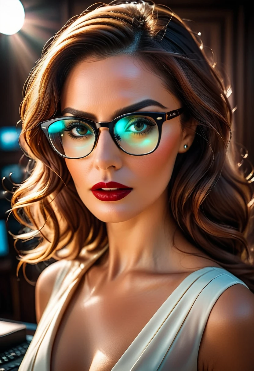 a facial portrait of a ((spy using glasses to take pictures)) working on a secret computer labratory, an elegant, exquisite beautiful female spy, dynamic hair color, dynamic hair style, (wearing elegant intricate details glasses: 1.3), dynamic color glasses, dynamic style glasses, ((letter and numbers are seen on the glasses:1.6)), she wears an elegant, intricate detailed dress, silk dress , small cleavage, Vibrant, Ultra-high resolution, High Contrast, masterpiece:1.2, highest quality, Best aesthetics), best details, best quality, highres, ultra wide angle, 16k, [ultra detailed], masterpiece, best quality, (extremely detailed), Genetically modified..., Cinematic Hollywood Film, lens flare style