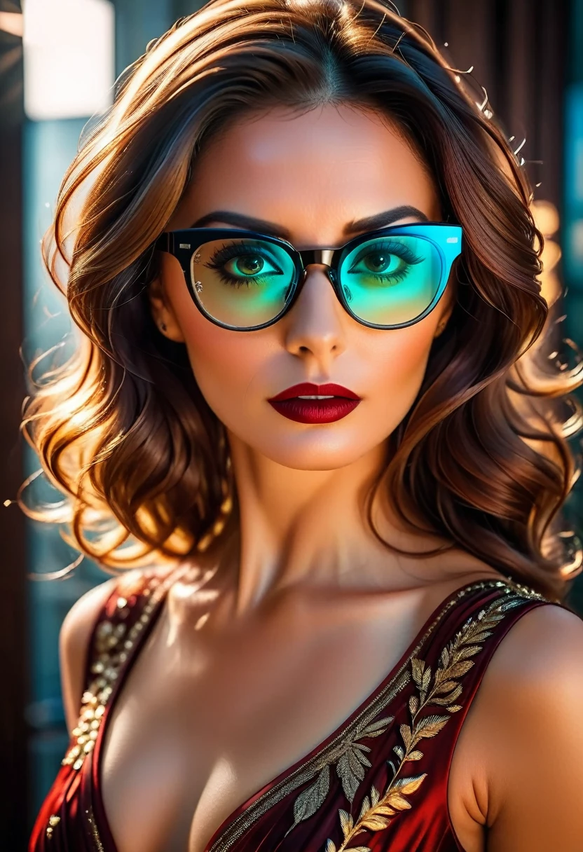 a facial portrait of a ((spy using glasses to take pictures)) working on a secret computer labratory, an elegant, exquisite beautiful female spy, dynamic hair color, dynamic hair style, (wearing elegant intricate details glasses: 1.3), dynamic color glasses, dynamic style glasses, ((letter and numbers are seen on the glasses:1.6)), she wears an elegant, intricate detailed dress, silk dress , small cleavage, Vibrant, Ultra-high resolution, High Contrast, masterpiece:1.2, highest quality, Best aesthetics), best details, best quality, highres, ultra wide angle, 16k, [ultra detailed], masterpiece, best quality, (extremely detailed), Genetically modified..., Cinematic Hollywood Film, lens flare style