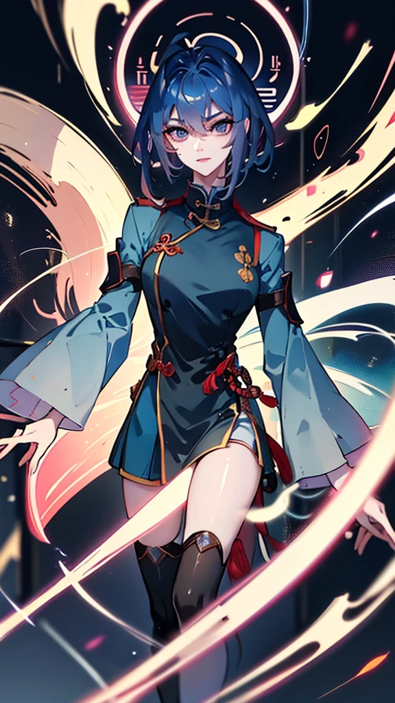 Masterpiece, Best quality, just 1 Tang Wu Tong, the expression is cold, strong, blue eyes, short hair, wolfcut hairstyle, smoky mix blue color hair, resolute eyes, red lips, simple Taoist Taoist uniform, Chinese mix morden, frontal photo, black or white background, simple background, anime, illustration, Chinese purple short-sleeved shirt