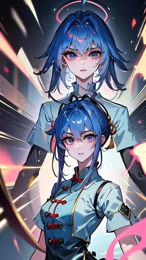 Masterpiece, Best quality, just 1 Tang Wu Tong, the expression is cold, strong, blue eyes, short hair, wolfcut hairstyle, smoky mix blue color hair, resolute eyes, red lips, simple Taoist Taoist uniform, Chinese mix morden, frontal photo, black or white background, simple background, anime, illustration, Chinese purple short-sleeved shirt
