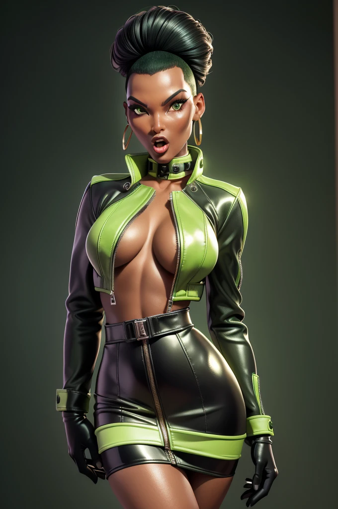obra prima, melhor qualidade, ((only one woman,)) ((grace jones, black skin,)) head back, ((sexy sultry wicked look, open mouth, pucker mouth,)) thick smoky black eye shadow, long fake eyelashes, ((wearing metallic forest green leather biker blazer,)) ((jacket is unzipped and wide open, small breasts, nip slip,)) jacket has padded puff shoulders, shiny leather gloves, ((metallic lime green micro mini leather skirt,)) body is skinny, shiny tight buttocks, sexy glamour pose, arched back, (camera view of whole body,) looking up at me, shallow depth of field, highres, HD, 8k, anatomically correct