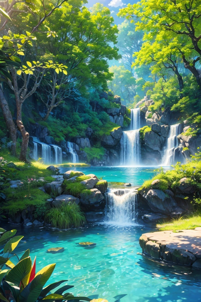 masterpiece, best quality, (Very detailed CG unified 8k wallpaper) (best quality), (Best illustration), (The best shades) bright colors, jungle, water, Natural Beauty, oasis of tranquility , Cherry tree, Blue sky ray tracing, Super detailed